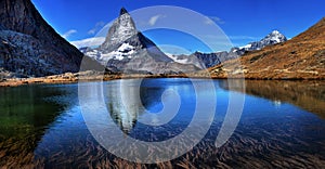 Mt Matterhorn reflected in Riffelsee Lake Zermatt Canton of Valais