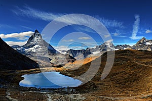 Mt Matterhorn reflected in Riffelsee Lake Zermatt Canton of Valais Switzerland