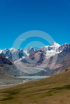 Mt. Mulkila 6517m view from Chandra Taal Moon Lake in Lahaul and Spiti, Himachal Pradesh, India.