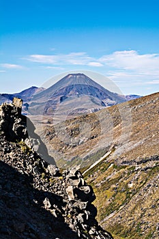 Mt Ngauruhoe as seen across a valley from Whakapapa ski field on Mt Ruapehu, New Zealand