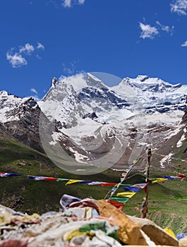 Mt.Nun-Kun landscape with buddhist prayer flags ,Zanskar,Jammu-Kashmir,India
