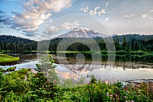 Mt Rainier and Reflection Lake at sunrise