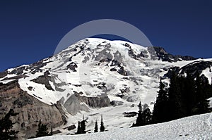 Mt Rainier under bright blue skies