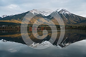 Mt rundle and vermillion lakes with colorful trains. Rocky mountains, banff, alberta, canada