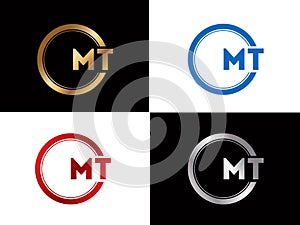 MT square shape Letter logo Design in silver gold color