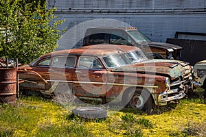 Old Hudson Hornet Sedan Car Parked and Rusting