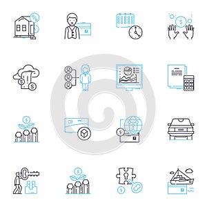 Mtary compensation linear icons set. Benefits, Remuneration, Salary, Wage, Compensation, Pay, Entitlements line vector