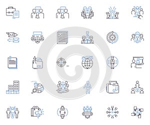 Mtary enterprise line icons collection. Innovation, Leadership, Growth, Success, Partnership, Efficiency, Quality vector