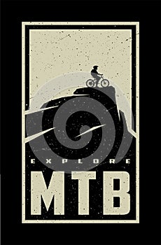 MTB explore. Mountain bike banner, t-shirt print design on a dark background. Vector illustration. photo