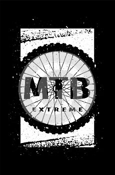 MTB extreme on the background of the wheel. Banner, t-shirt print design on a dark background. Vector illustration.