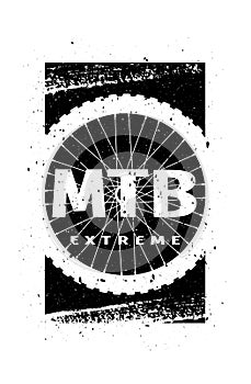 MTB extreme on the background of the wheel. Banner, t-shirt print design. Vector illustration.