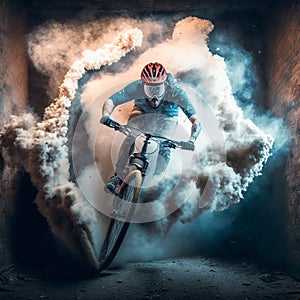 MTB Rider Riding between two Wall Brick Illustration, Extreme Sport, Generative AI