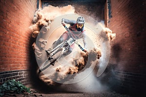 MTB Rider Riding between two Wall Brick Illustration, Extreme Sport, Generative AI