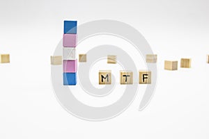 MTF lettering made of wooden cubes and transgender flag on white background. Conceptual illustration lesbian, gay, bisexual, and photo