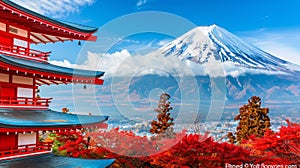 Mtfuji, tokyo s tallest volcano with snow capped peak and red trees, nature landscape wallpaper