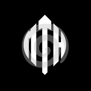 MTH circle letter logo design with circle and ellipse shape. MTH ellipse letters with typographic style. The three initials form a