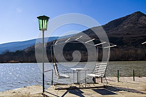 Mtkvari river and chair on the beach in Mtskheta