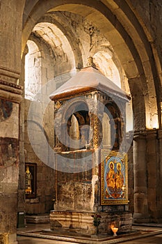 Mtskheta, Georgia. Svetitskhoveli Cathedral Of The Living Pillar, Ancient Georgian Orthodox Church. Ciborium under which photo