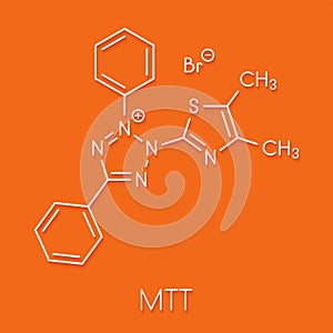 MTT yellow tetrazole dye molecule. Used in MTT assay, used to measure cytotoxicity and cell metabolic activity. Skeletal formula.