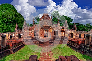Muang Tam sanctuary stone castle on bluesky background famous landmark of Buriram province in Thailand