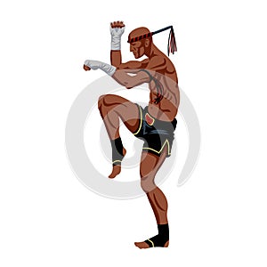 Muay thai boxer with a traditional amulet on his hand, an ancient cruel sport, protective stance