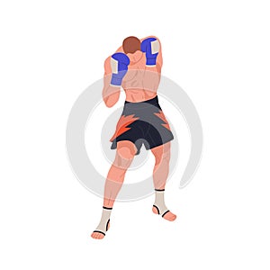 Muay thai fighter in defending pose. Tai boxing athlete in defense stance, position. Wrestler in gloves, standing in