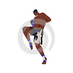 Muay thai fighter in fight pose. Tai boxing, professional athlete, black man in attacking stance, posture. African