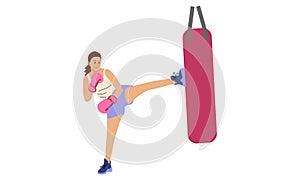 Muay Thai flat illustration. Sport girl exercise Muay Thai training with kneeling boxing sandbag