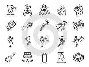 Muay Thai icon set. It included icons such asÂ Thai boxing, boxer, fighter, Muay Thai stance, kick, and more.