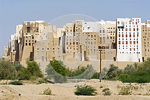 Mud brick tower houses town of Shibam, Hadramaut valley, Yemen. photo