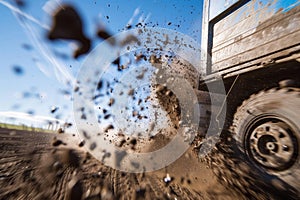 mud chunk in midflight behind accelerating truck