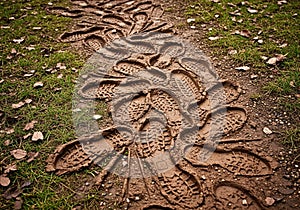 Mud contrasts with the solidity of the treads, capturing the impression