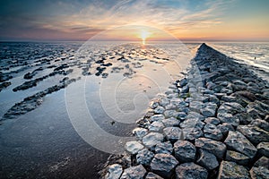 Mud flat of the Waddenzee during low tide under scenic sunset