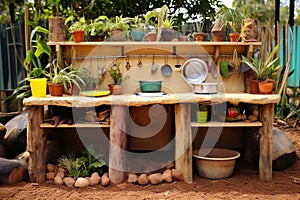 Mud Kitchen in the Tropical Preschool Garden. Generative By Ai