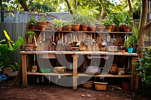 Mud Kitchen in the Tropical Preschool Garden. Generative By Ai