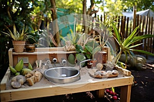 Mud Kitchen in the Tropical Preschool Garden. Generative By Ai