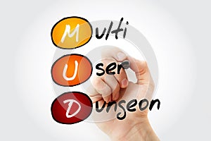 MUD Multi User Dungeon -multiplayer real-time virtual world, usually text-based or storyboarded, acronym text with marker photo