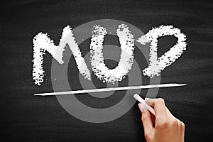 MUD Multi User Dungeon -multiplayer real-time virtual world, usually text-based or storyboarded, acronym text on blackboard photo