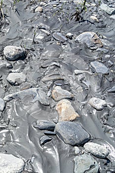 Mud, river silt, and rocks left by the river for use as a background texture.