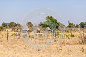 Mud straw and wooden hut with thatched roof in the bush. Local village in the rural Caprivi Strip, the most populated region in Na