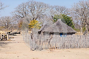 Mud straw and wooden hut with thatched roof in the bush. Local village in the rural Caprivi Strip, the most populated region in Na