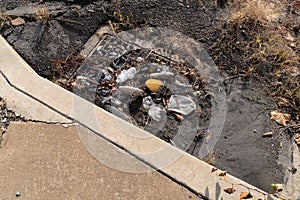 Mud and trash in a storm drain beside a clean sidewalk, pollution