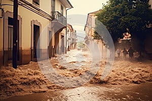 mud with water in a large stream flows down the street after a downpour and a mudflow.