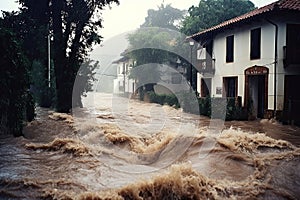 mud with water in a large stream flows down the street after a downpour and a mudflow.