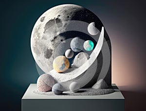 muddle of marbleized gravel cascading beneath the moon. Podium, empty showcase for packaging product presentation, AI