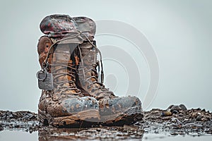 Muddy boots with dog tags, evoking adventure and military themes.