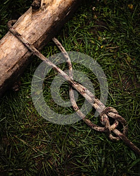 Muddy Bowline Knot Around Log