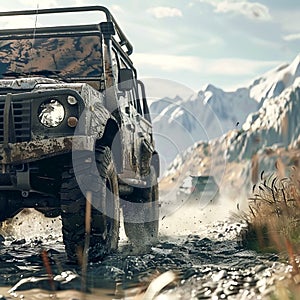 A muddy car navigates a mountain dirt road with clouds in the sky