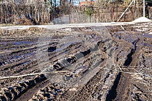 A muddy country road on the edge of the forest in early spring