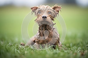 muddy dog sitting in a field of green grass